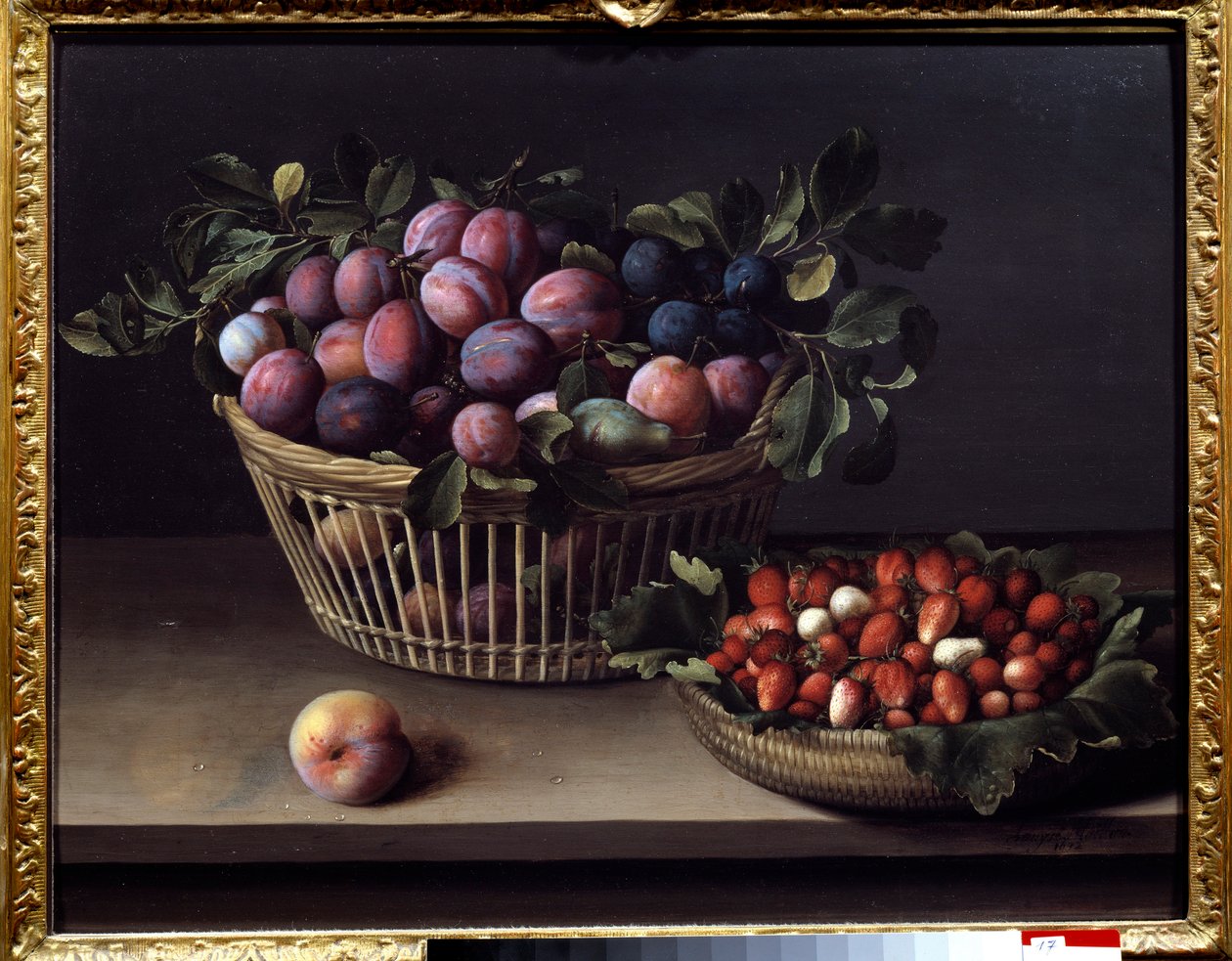 Une pêche, des fraises et un panier de fruits. Peinture de Louise Moillon (1610-1696) XVIIe siècle Toulouse, Musée des Augustins - Louise Moillon