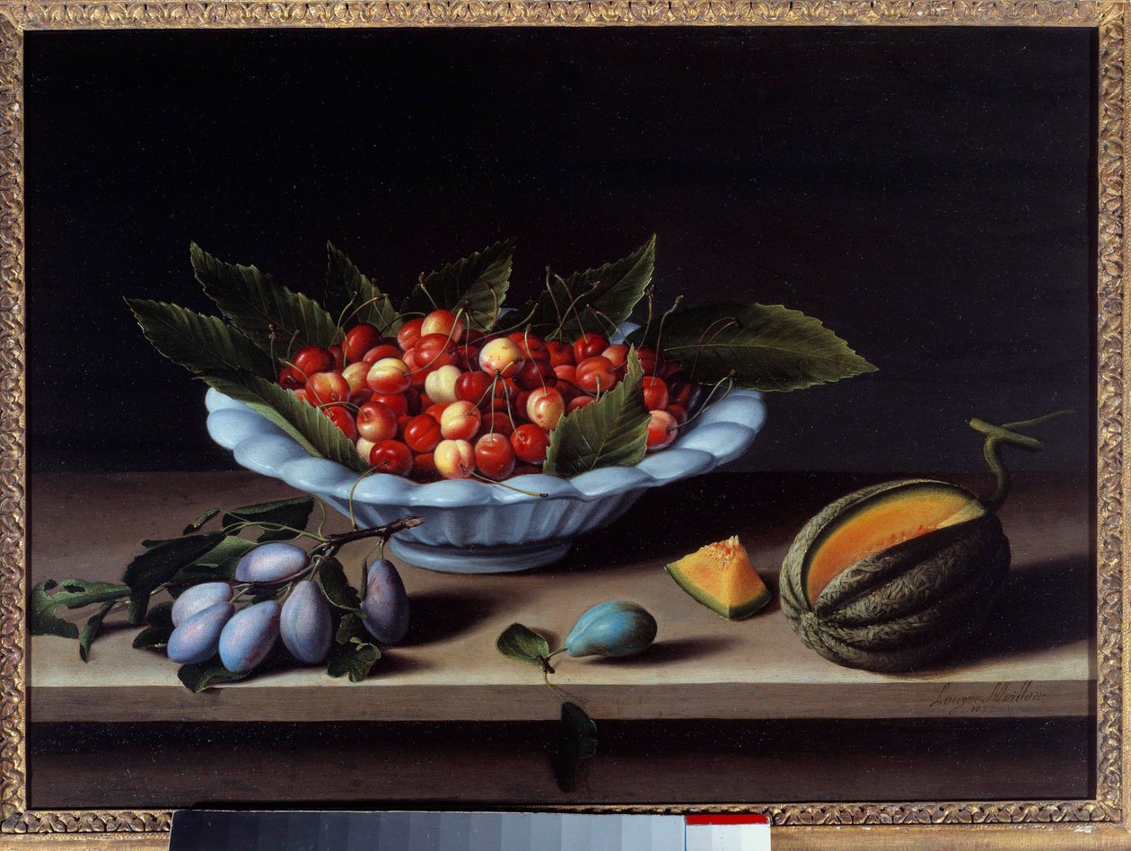 Coupe de cerises, prunes et melon - Louise Moillon