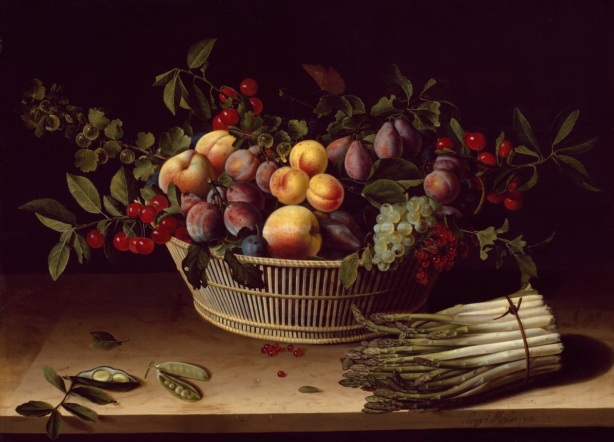 Nature morte avec une corbeille de fruits et une botte d