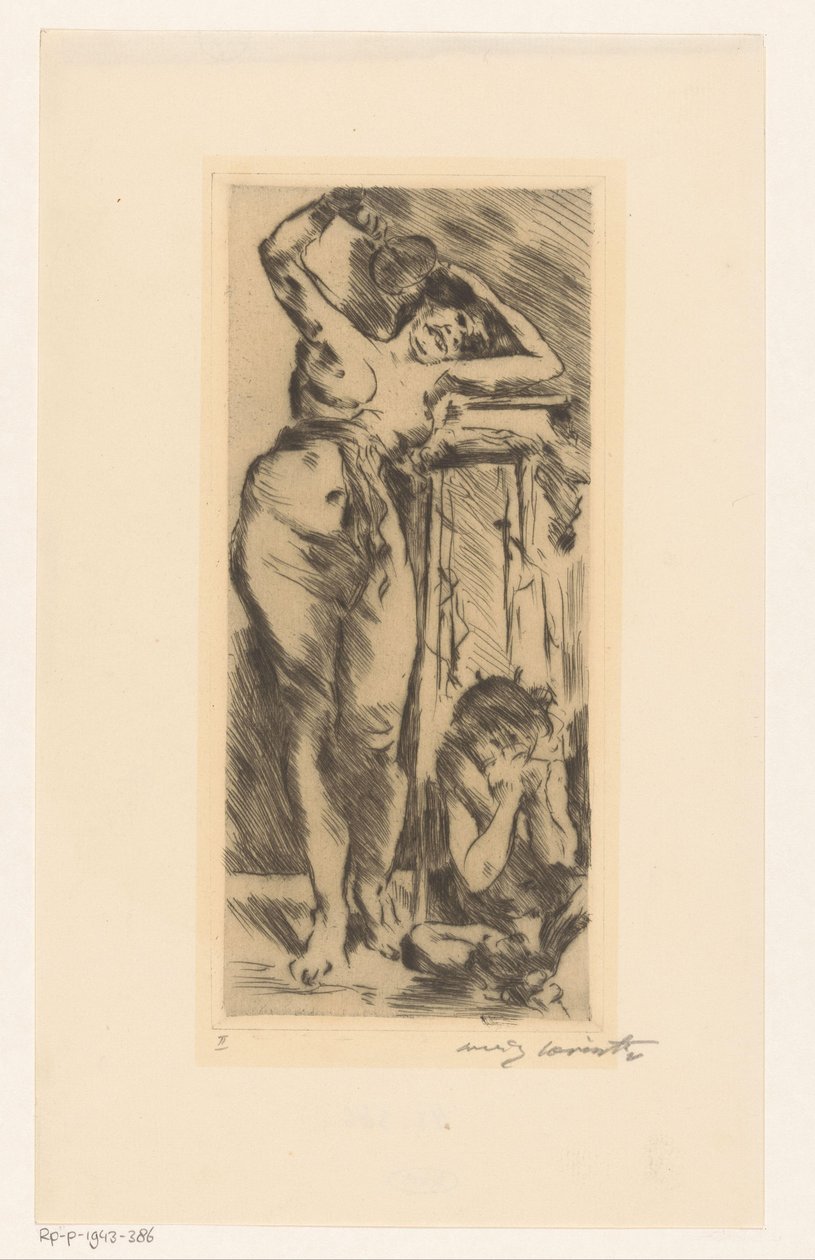 Nu féminin avec éventail à la main et figure recroquevillée à droite - Lovis Corinth (signed by artist)