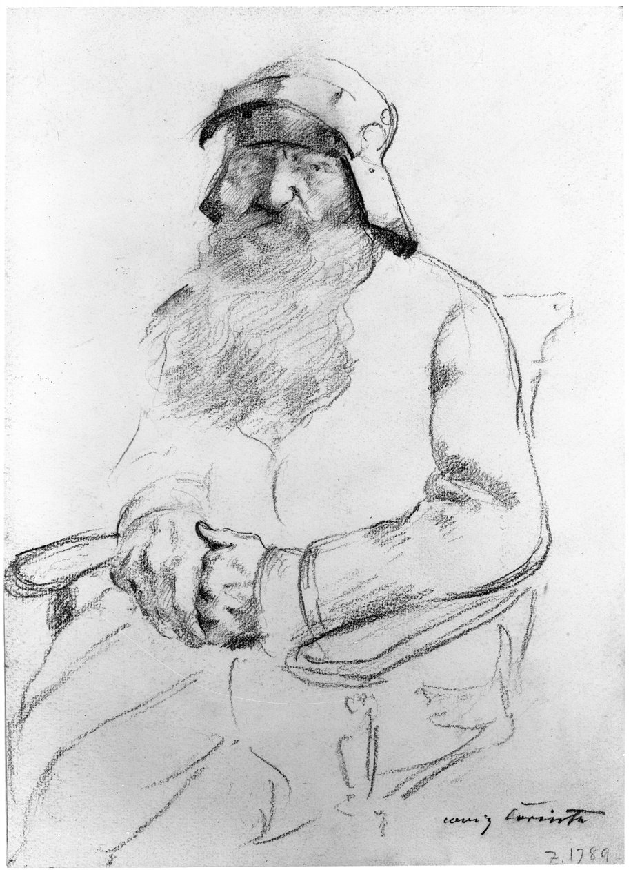 Vieil homme barbu assis avec un casque du XVIe siècle, vu de face (étude pour Götz von Berlichingen) - Lovis Corinth