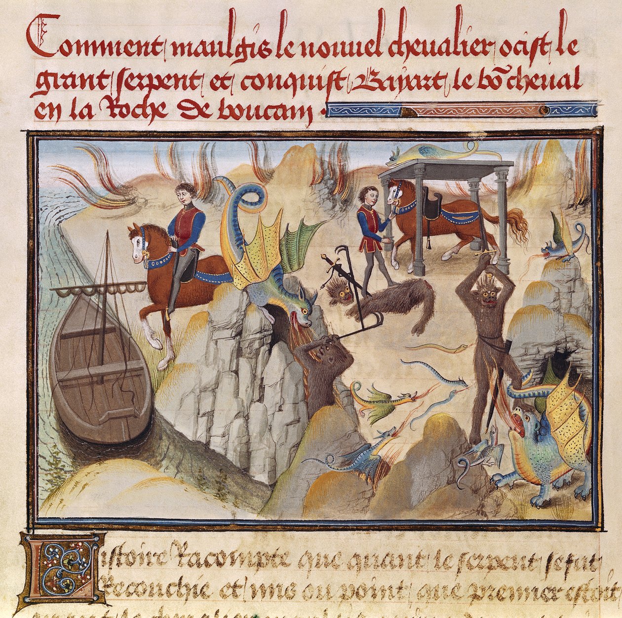 Ms 5072 fol.37v Maugis combattant le serpent et gagnant le cheval enchanté, Bayard, du cycle de Renaud de Montauban - Loyset Liedet