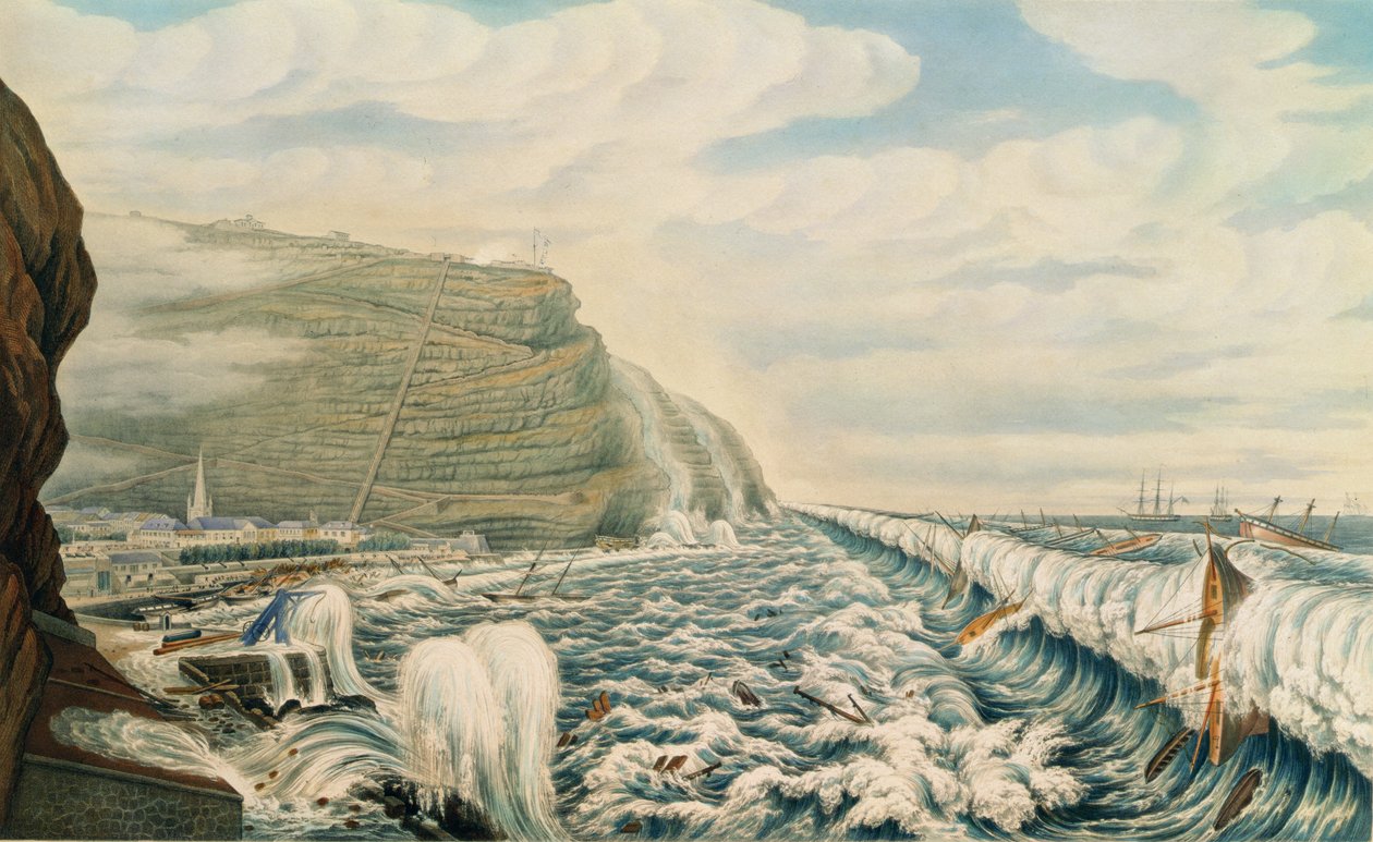 Vue de Jamestown et du port de Sainte-Hélène, gravée par T. Picken, vers 1846 (gravure) - Lt. F.R. Stack