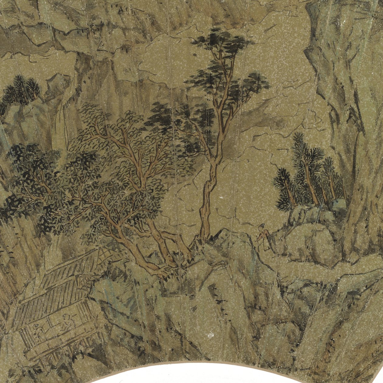 Paysage avec lac, montagnes et personnages dans une maison d