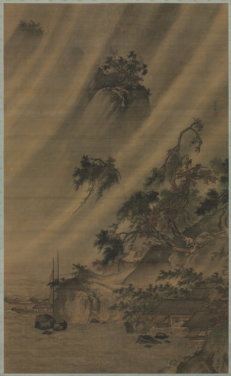 Village fluvial sous une tempête de pluie, vers 1480-1507 - Lu Wenying