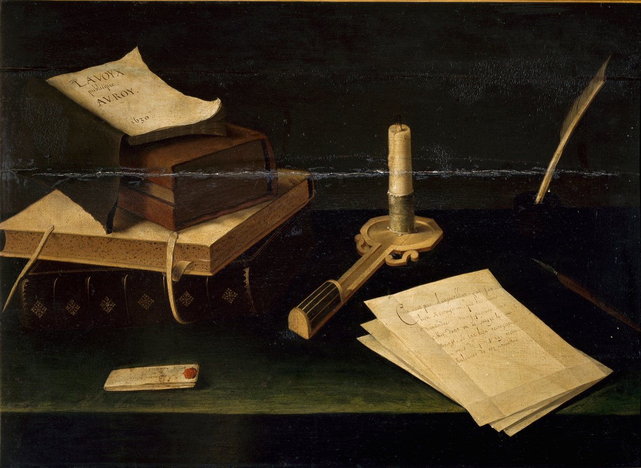Nature morte de livres, plume, lettre et bougie - Lubin Baugin