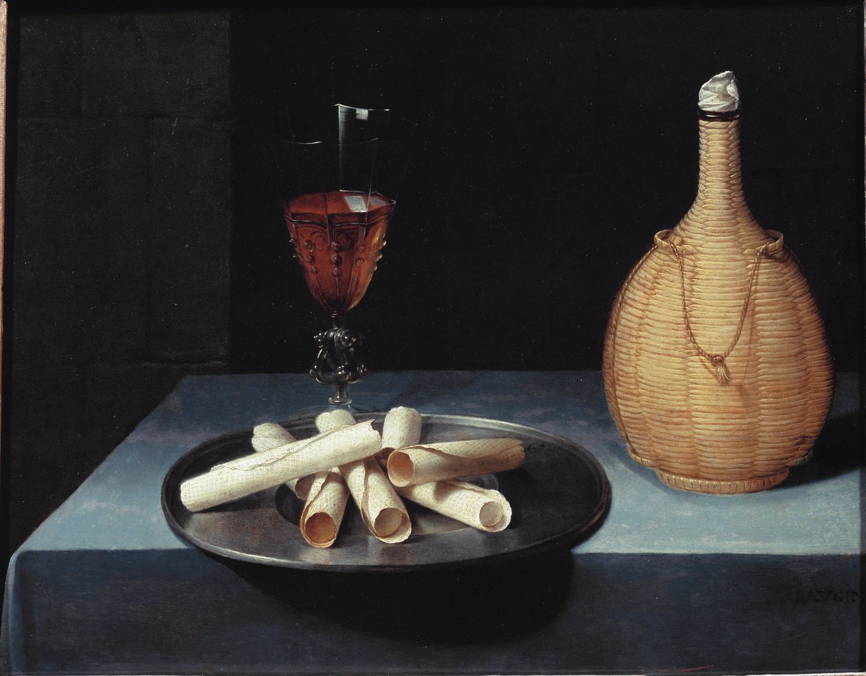 Nature morte avec dessert de gaufrettes, bouteille de vin et verre - Lubin Baugin