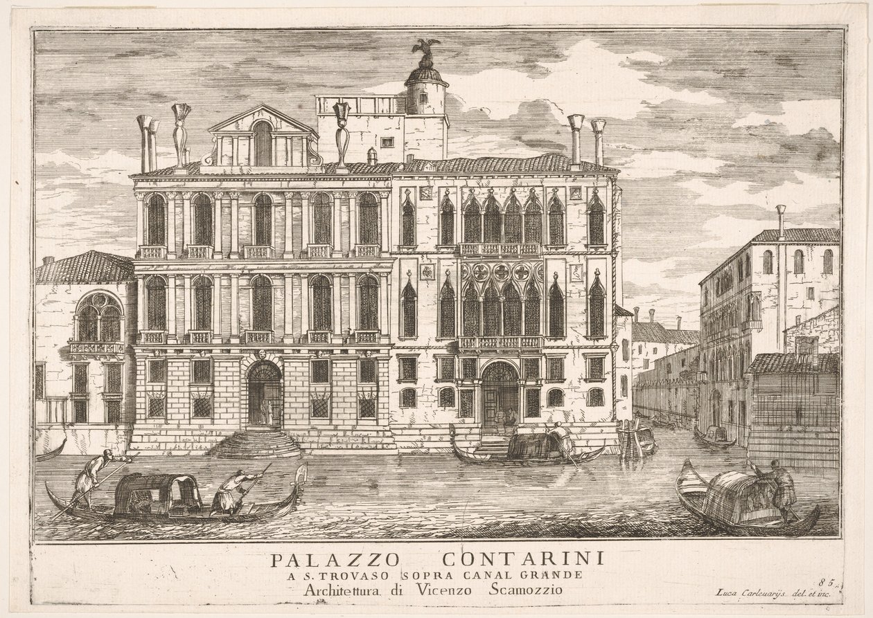 Planche 85 : Vue du palais Contarini à Campo San Trovaso, Venise, 1703, de La construction..., 1703 - Luca Carlevarijs