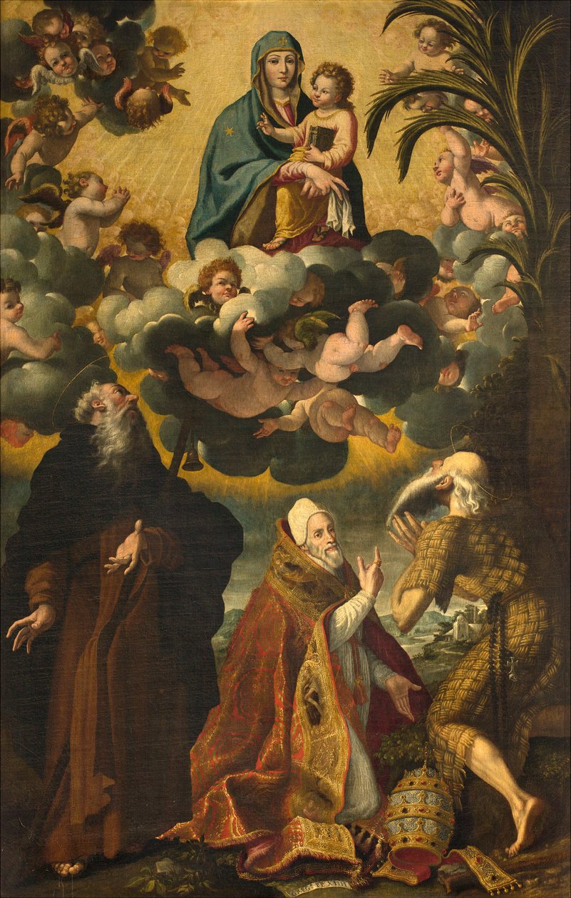 Autel de Saint Antoine, Madone et Enfant avec Saints Antoine Abbé Paul Ermite et Pape Grégoire XIV, Luke Cattapane 1593 - Luca Cattapane