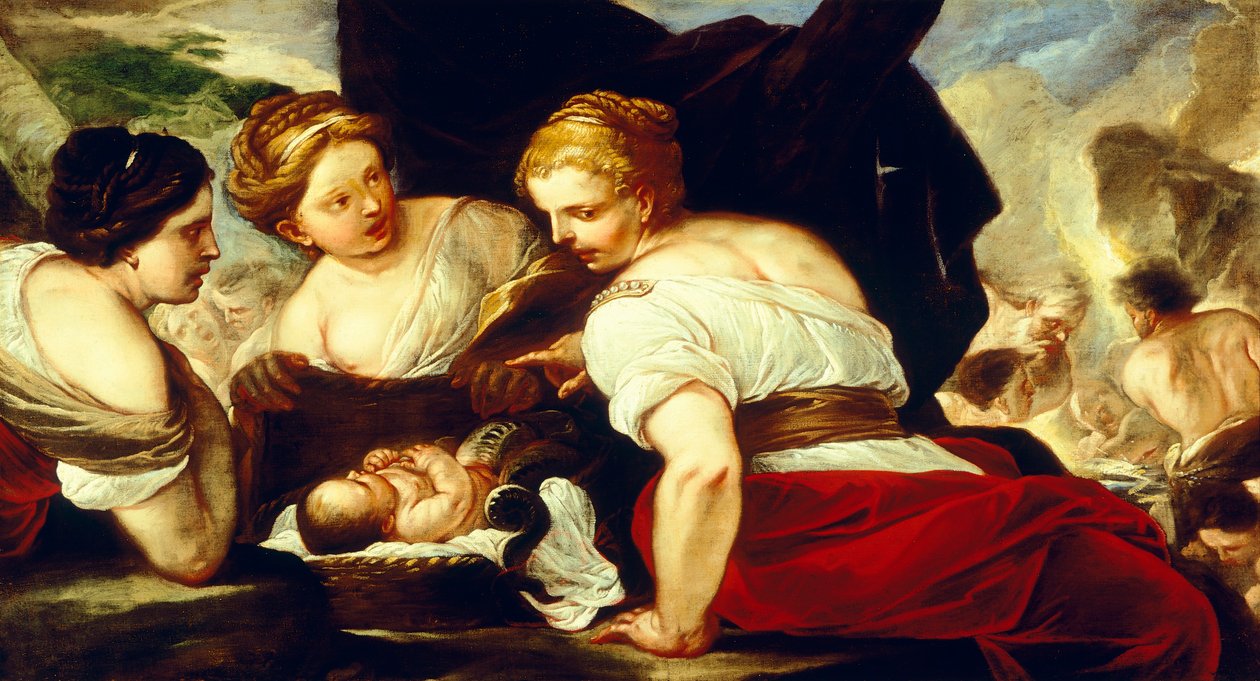 Les filles de Cécrops ouvrant le panier contenant le bébé Érichthonios, par Luca Giordano (1634-1705) - Luca Giordano