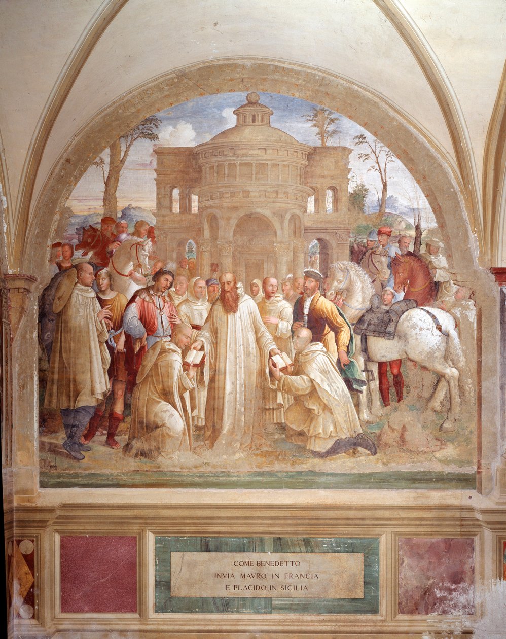 Benoît envoie Maur en France et Placide en Sicile - Fresque du cloître réalisée par Luca Signorelli racontant la vie de Saint Benoît de Nursie (480 - 567) fondateur de l
