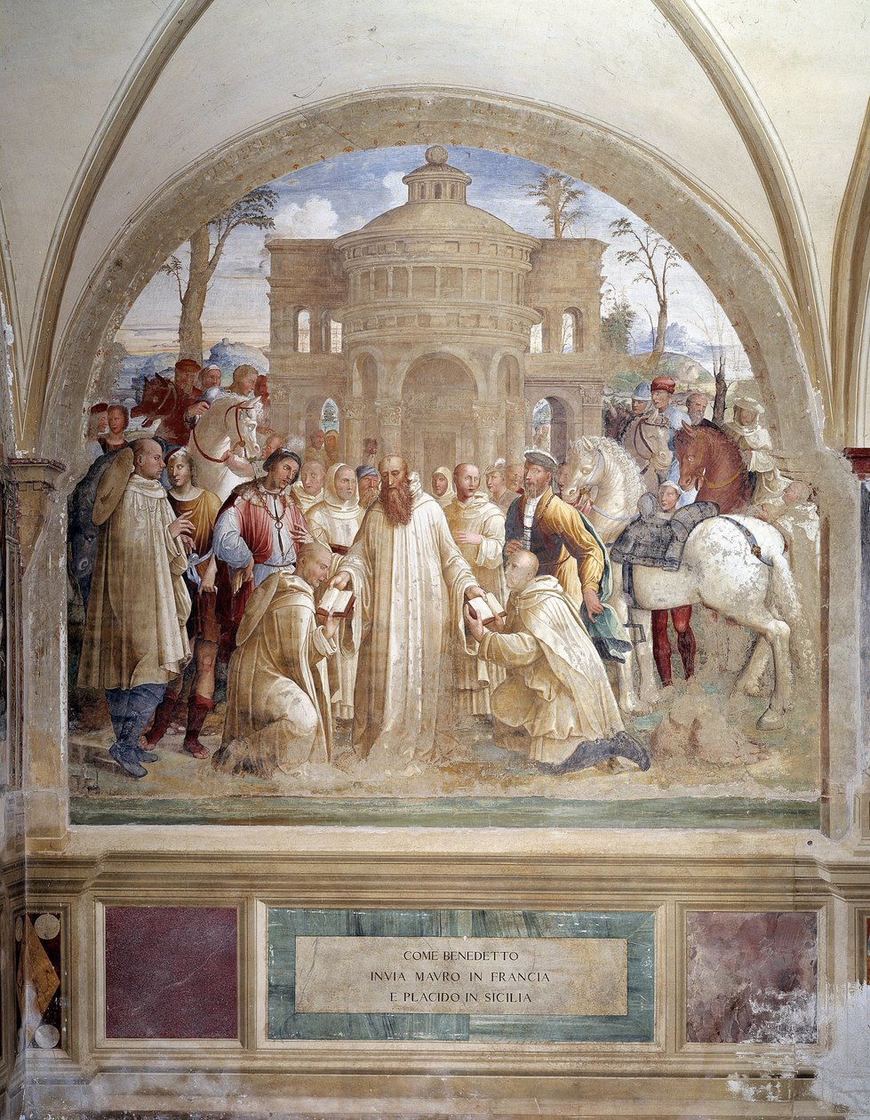 Benoît envoie Maur en France et Placid en Sicile (fresque du cloître réalisée par Luca Signorelli racontant la vie de Saint Benoît de Nursie (480 - 567) fondateur de l