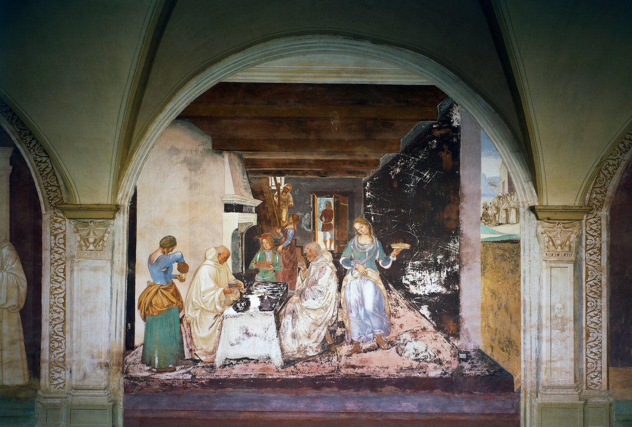 Benoît disant à deux moines quand et où ils ont mangé en dehors du monastère, scène de la vie de Saint Benoît - Luca Signorelli
