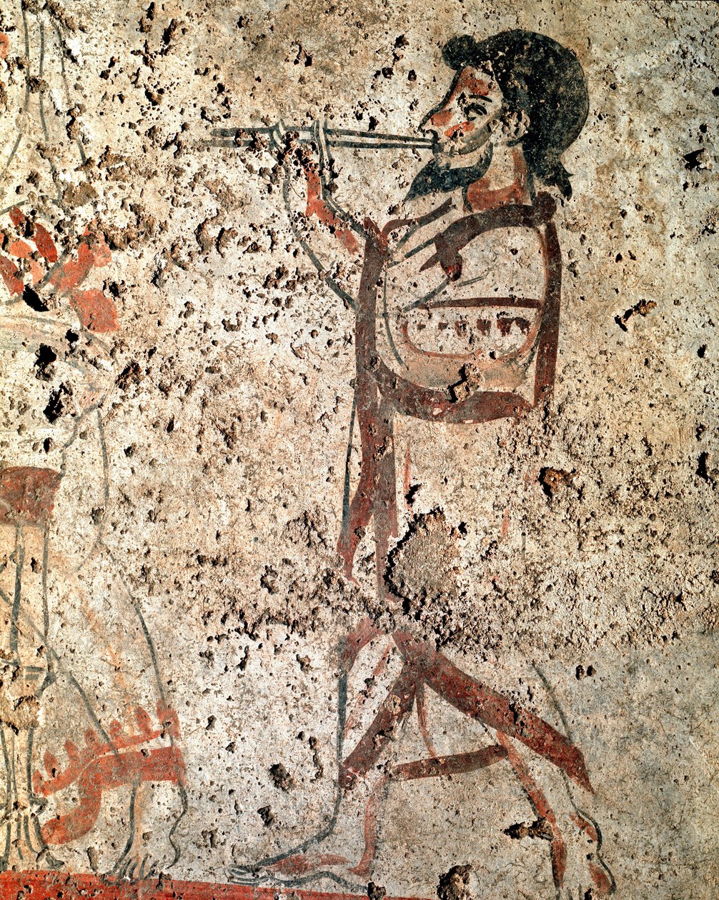 Un musicien jouant de la flûte Fresque lucanienne du 4e siècle av. J.-C., provenant de la nécropole de Paestum, Italie. Museo nazionale archeologico, Paestum - Lucanian School