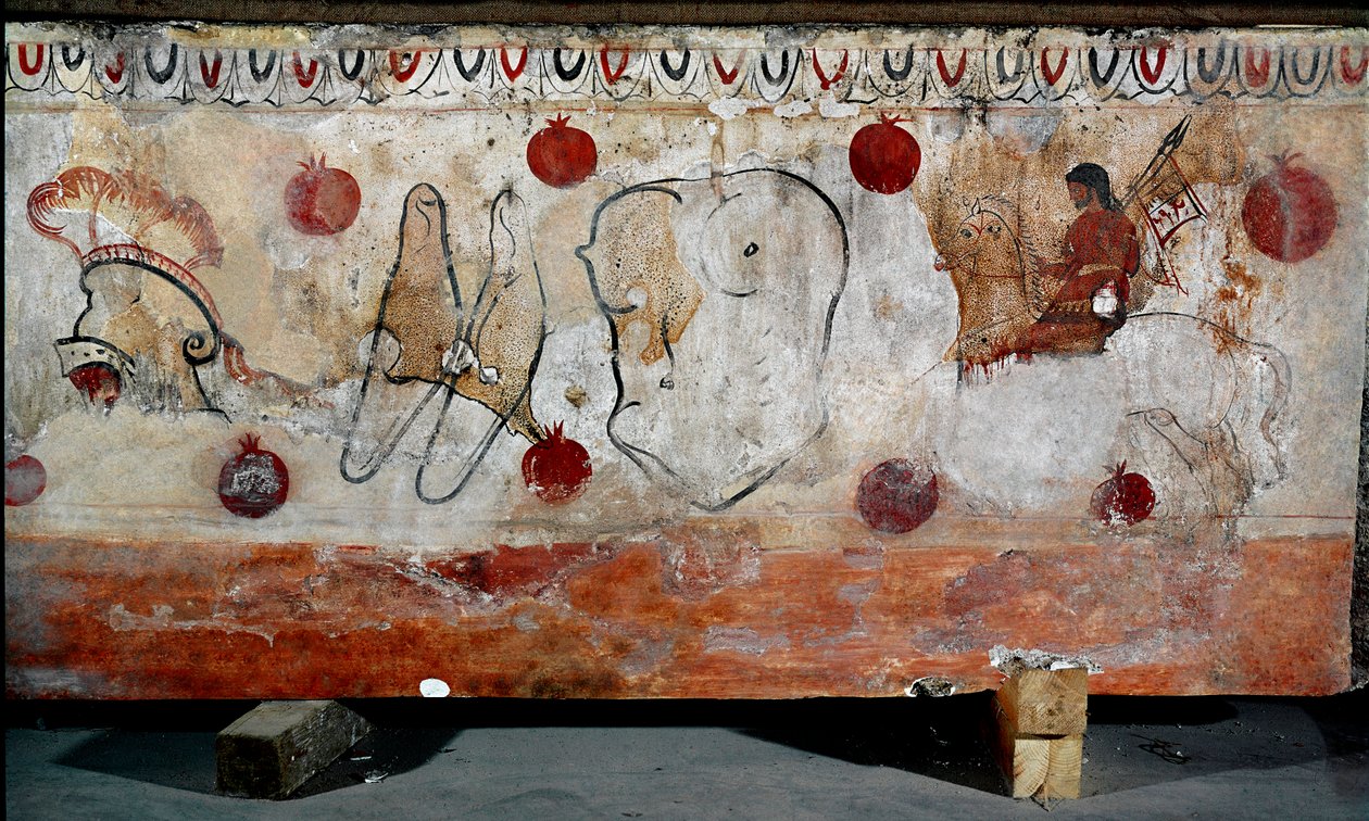 Un cavalier et les différents éléments de son armure Fresque lucanienne du 4e siècle av. J.-C., provenant de la nécropole de Paestum, Italie. Museo nazionale archeologico, Paestum - Lucanian School