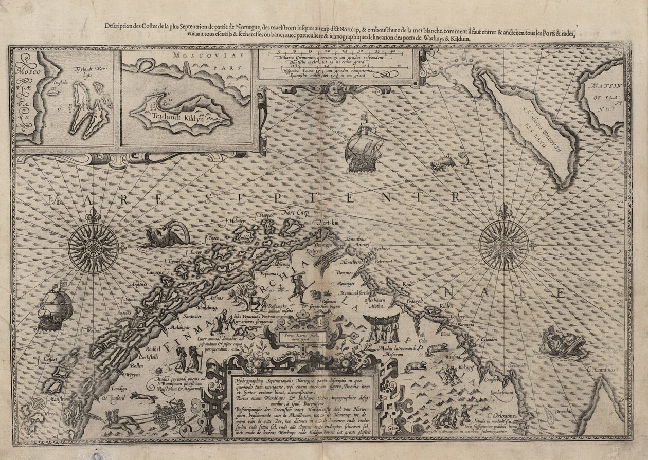 Carte du nord de la Norvège avec des agrandissements de Vardø et Kildin par Willem Barents - Lucas Janszoon Waghenaer