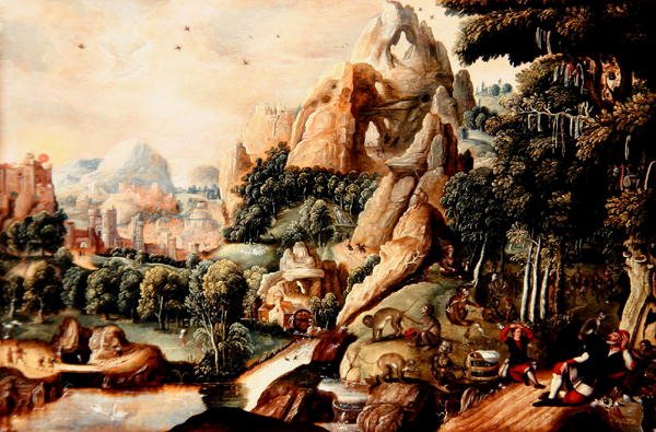 Paysage avec singes et humains et ville mythique au-delà - Lucas (circle of) Gassel