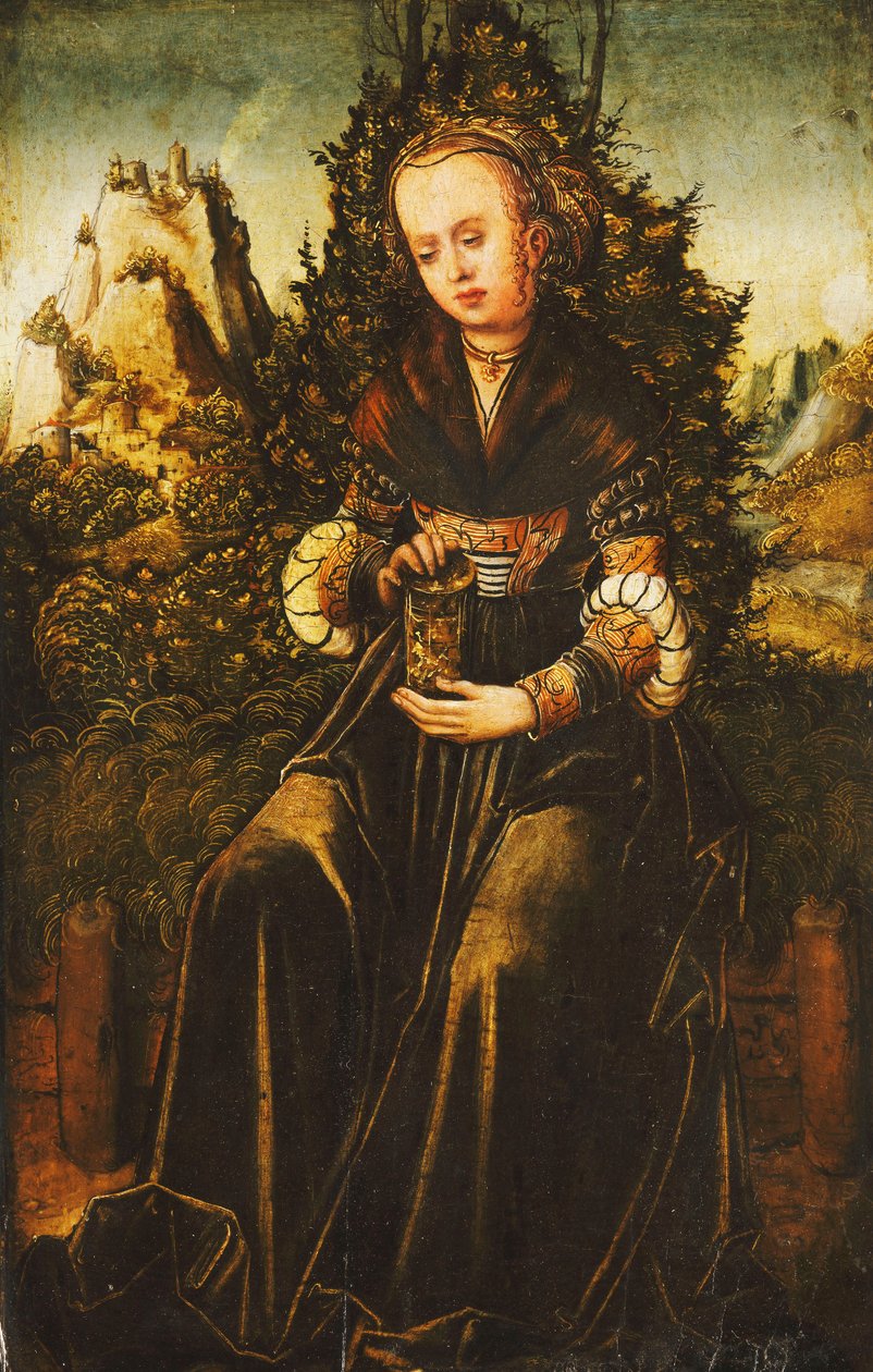 Sainte Marie-Madeleine assise sur un talus herbeux dans un paysage montagneux - Lucas Cranach