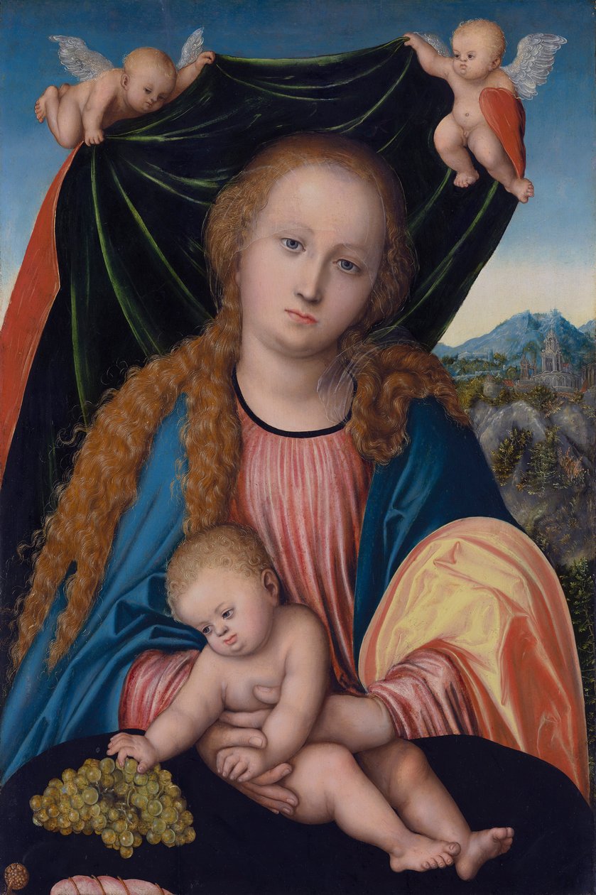 French : Madonna avec enfant et raisins, Deux anges tenant un rideau Virgin and Child - Lucas Cranach the Elder