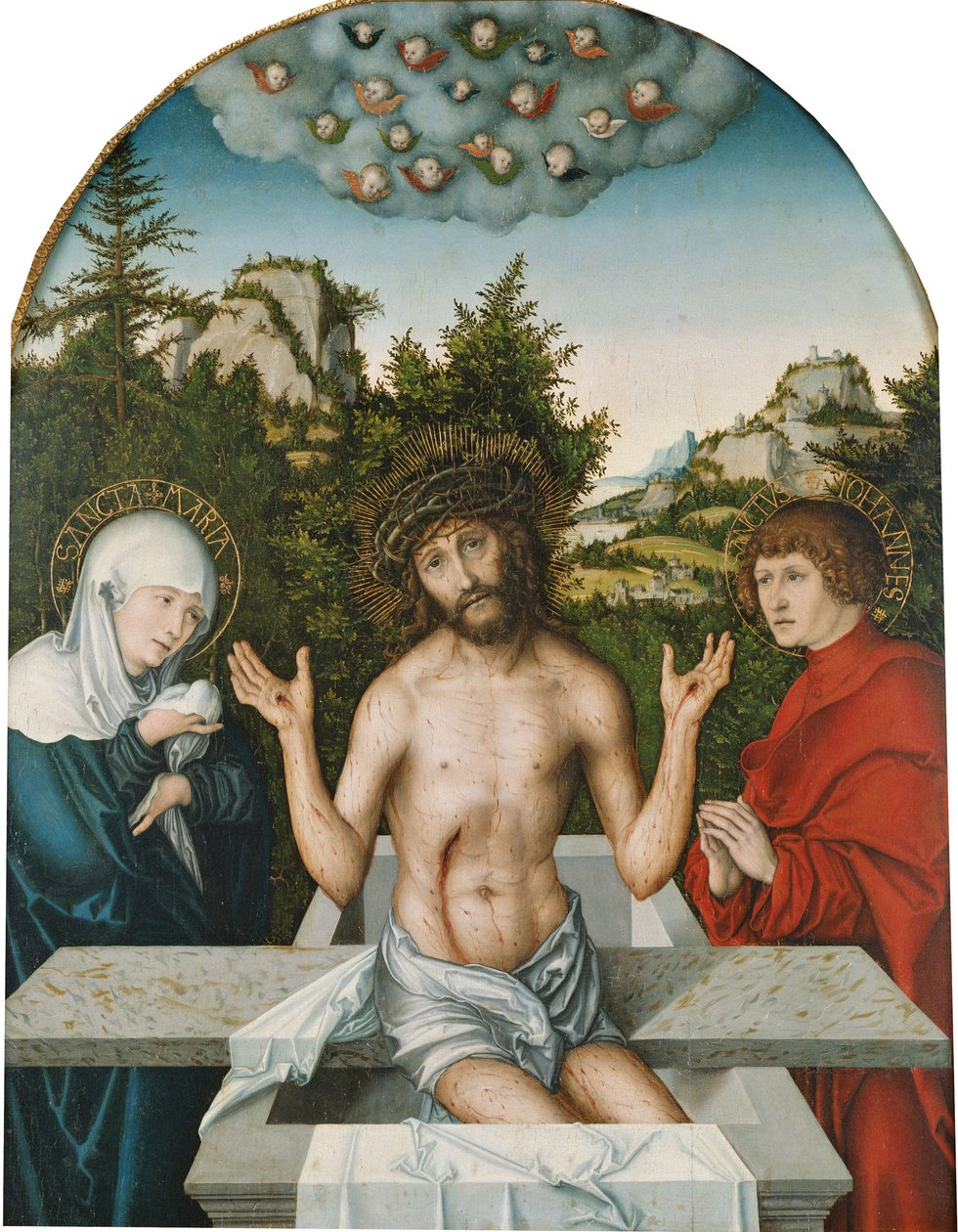 Retable de Pfirtscher : Le Christ, homme de douleur, assis sur un sarcophage entre la Vierge et saint Jean [panneau central]. - Lucas Cranach the Elder