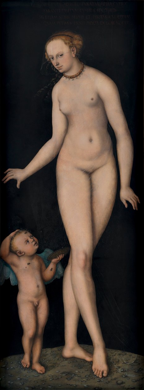 Vénus avec Cupidon comme voleur de miel sur fond noir - Lucas Cranach the Elder