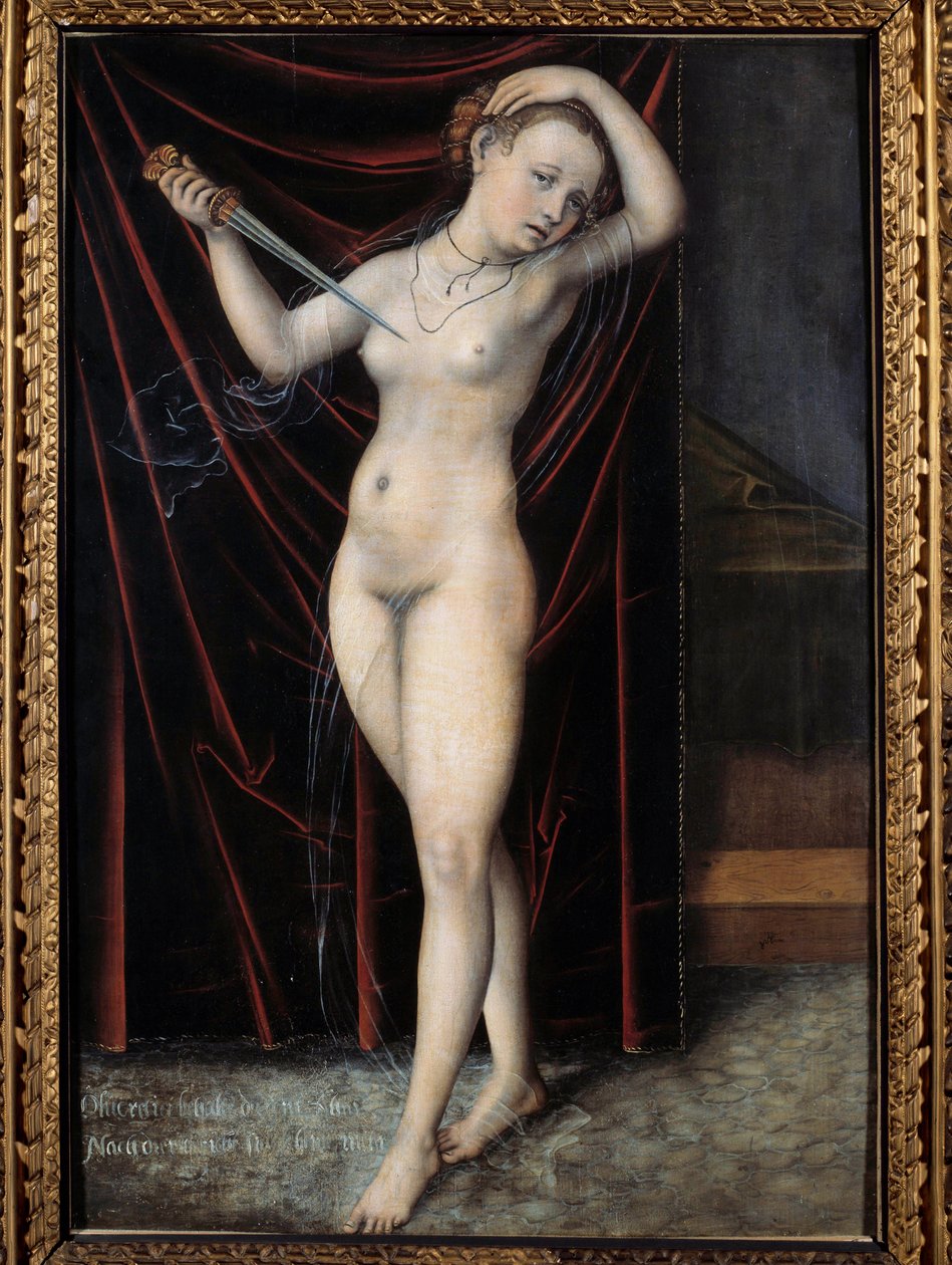 Lucrèce se donnant la mort. Le suicide de Lucrèce, dame romaine du VIe siècle av. J.-C. Peinture de Lucas Cranach (1472-1553) XVIe siècle. Besançon, Musée des Beaux-Arts - Lucas the Elder Cranach