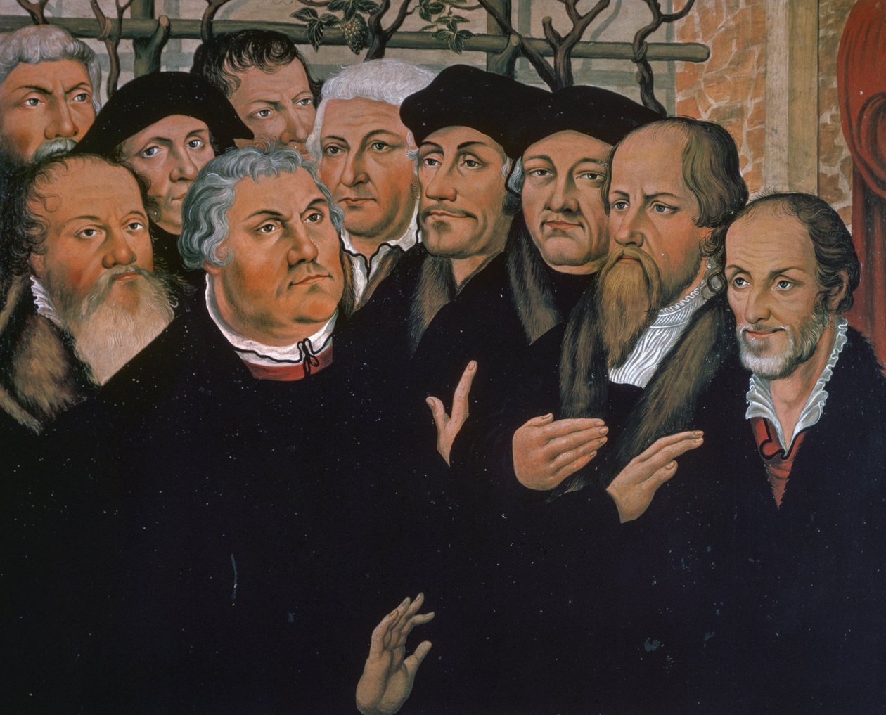 Martin Luther avec des représentants de la Réforme protestante, à droite Melanchthon, au centre Érasme de Rotterdam, (détail) - Lucas the Elder Cranach