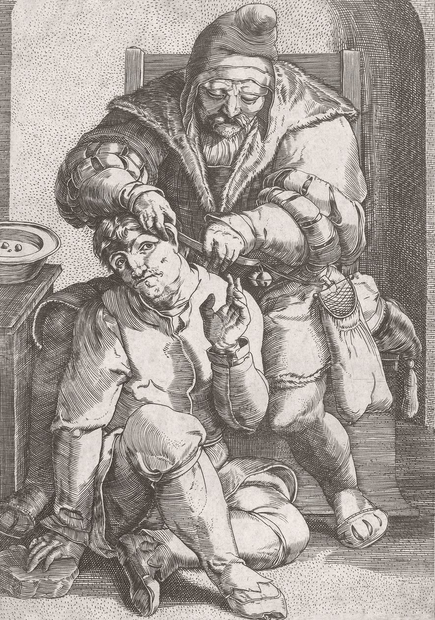 Chirurgien-barbier du XVIIe siècle soignant l