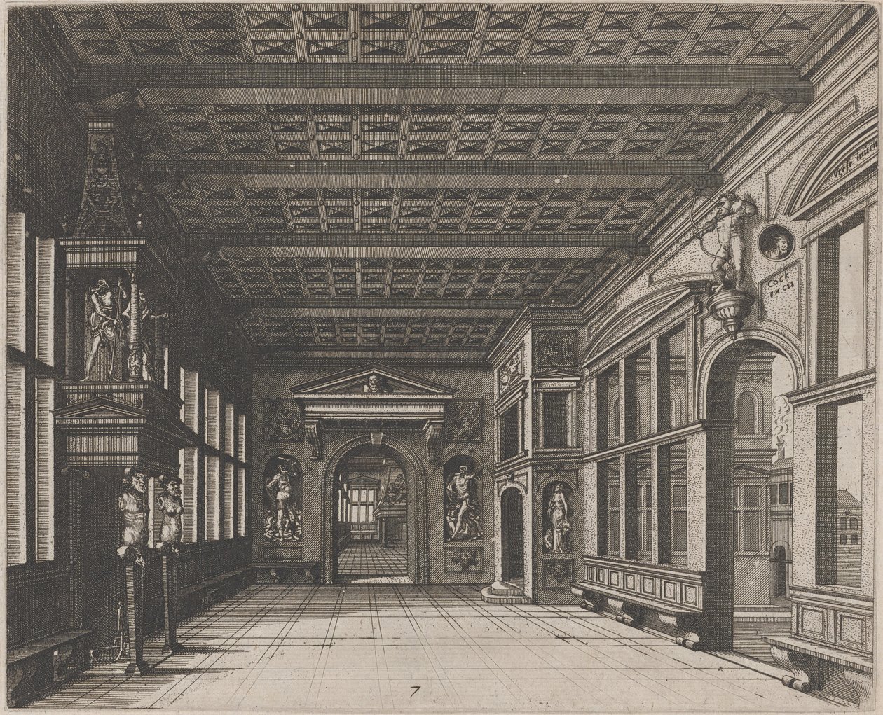 Intérieur avec vue sur une deuxième pièce avec cheminée - Lucas van Doetechum and Johannes