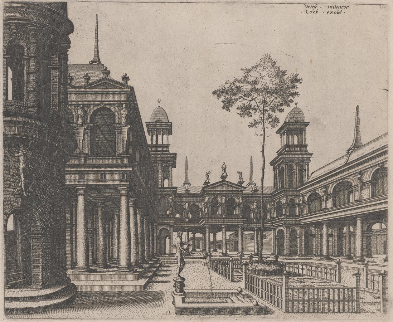 Place avec un bâtiment circulaire à gauche et un obélisque en arrière-plan - Lucas van Doetechum and Johannes
