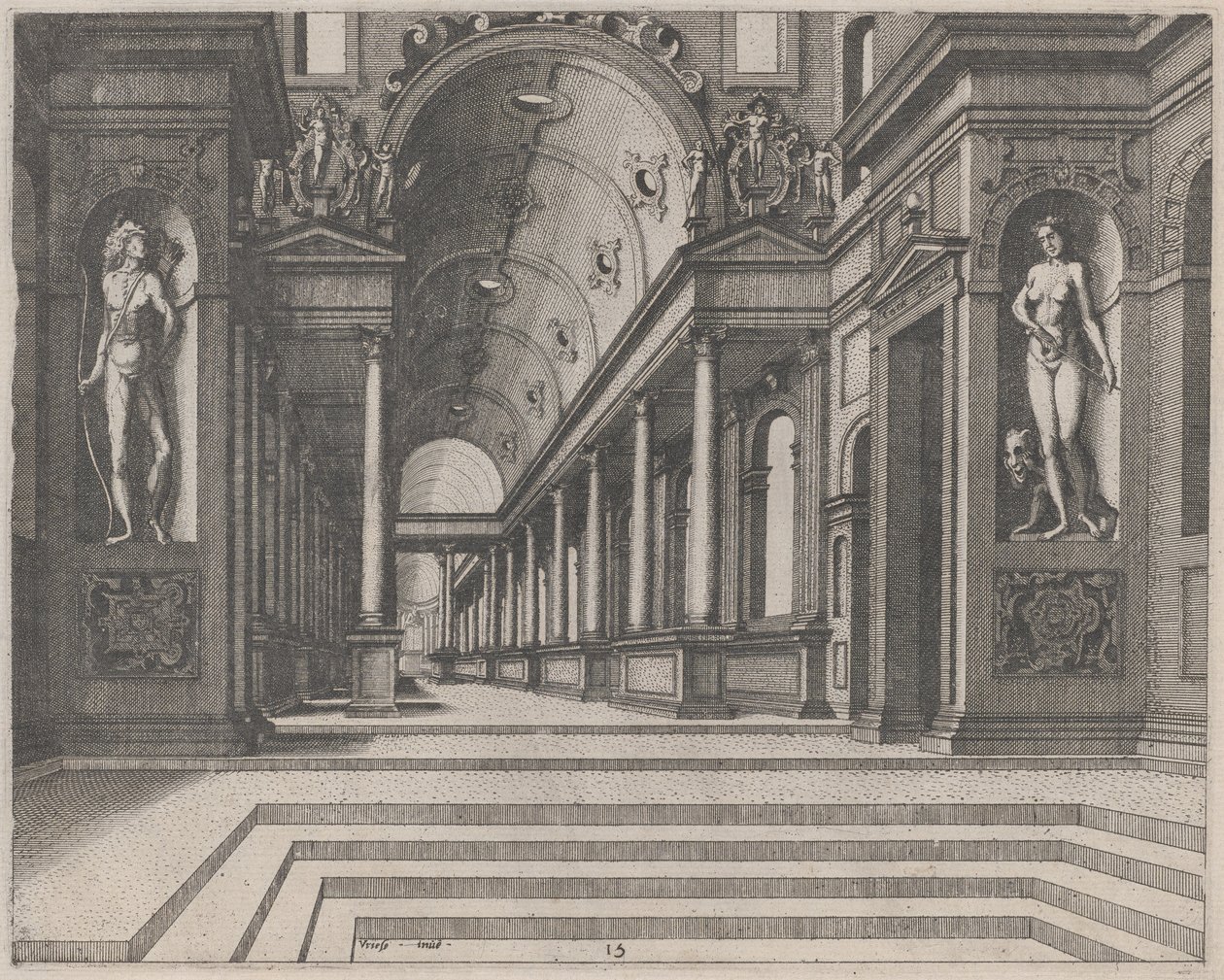 Vue dans une église avec colonnes corinthiennes et statues d