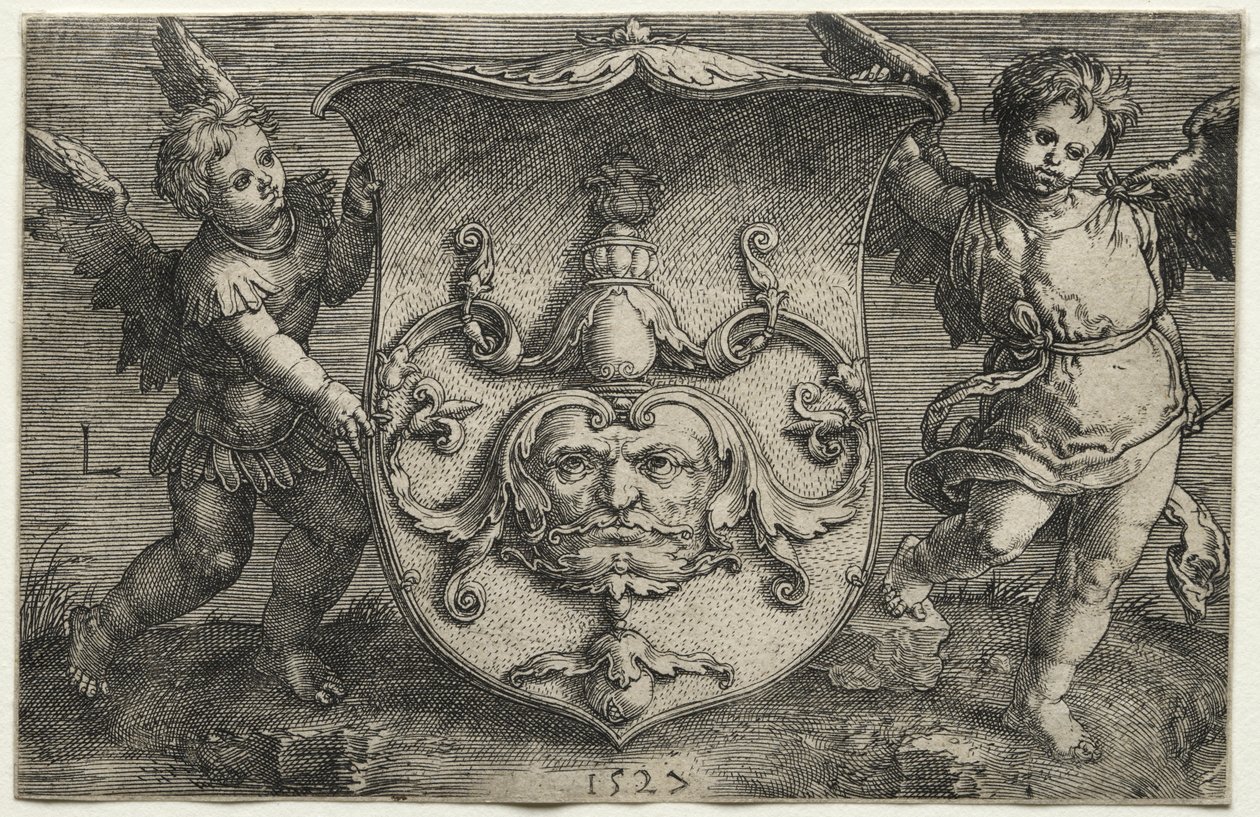 Un bouclier portant un masque soutenu par deux génies, 1527 - Lucas van Leyden