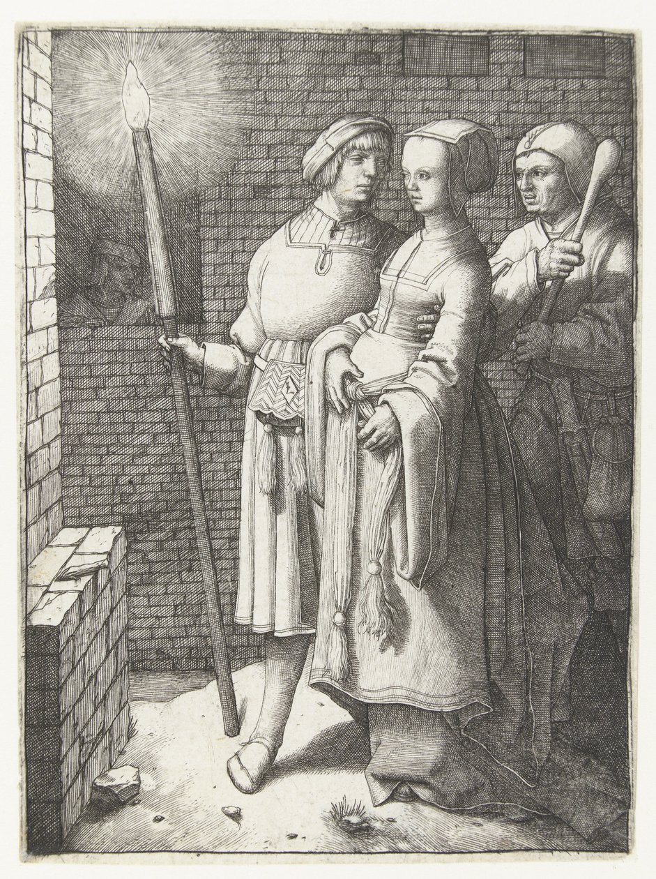 Jeune homme avec une torche, une femme et un bouffon - Lucas van Leyden