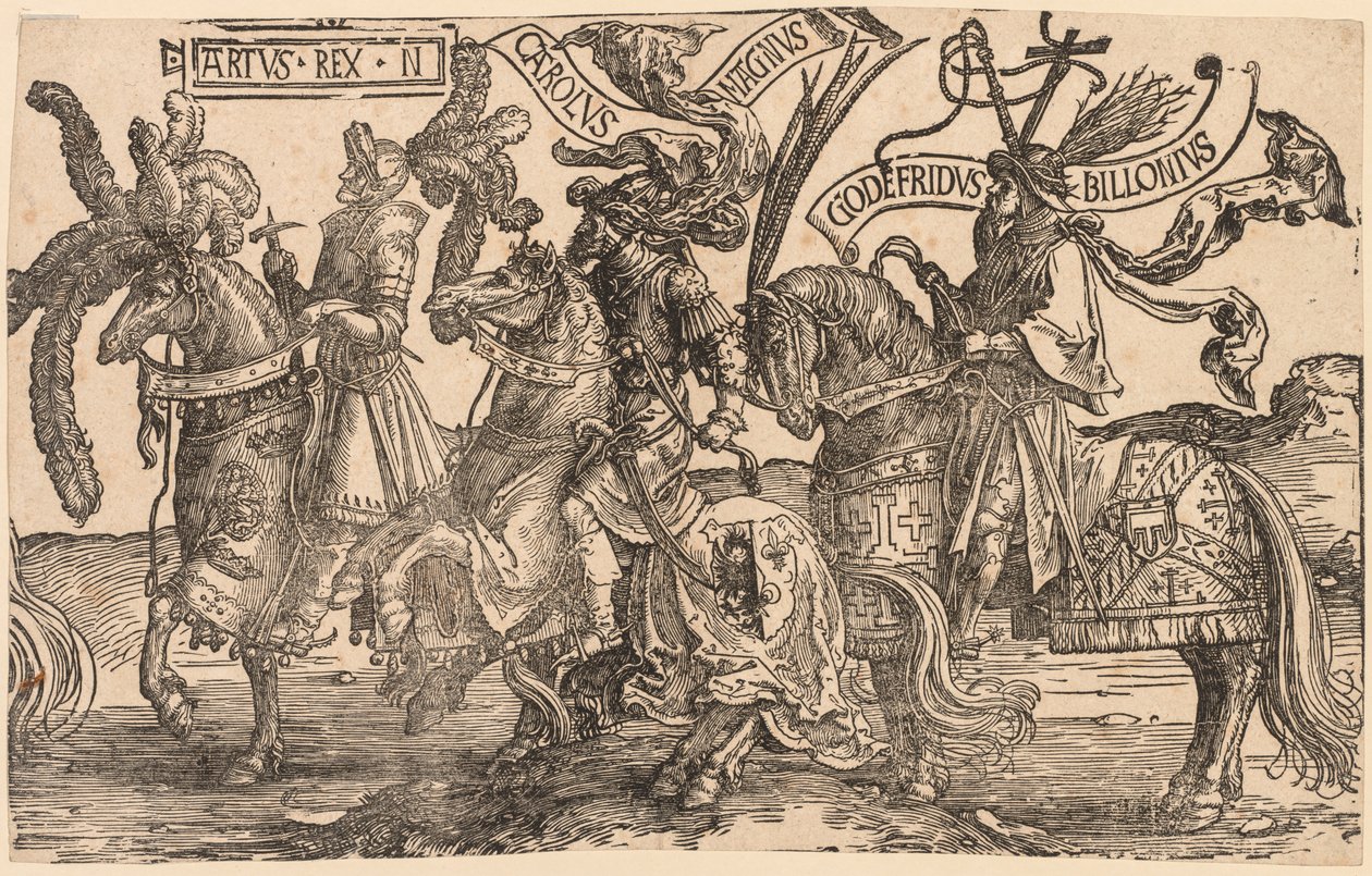 Les Neuf Héros : Arthur, Charlemagne, Godefroy de Bouillon, 1515-1517 - Lucas van Leyden