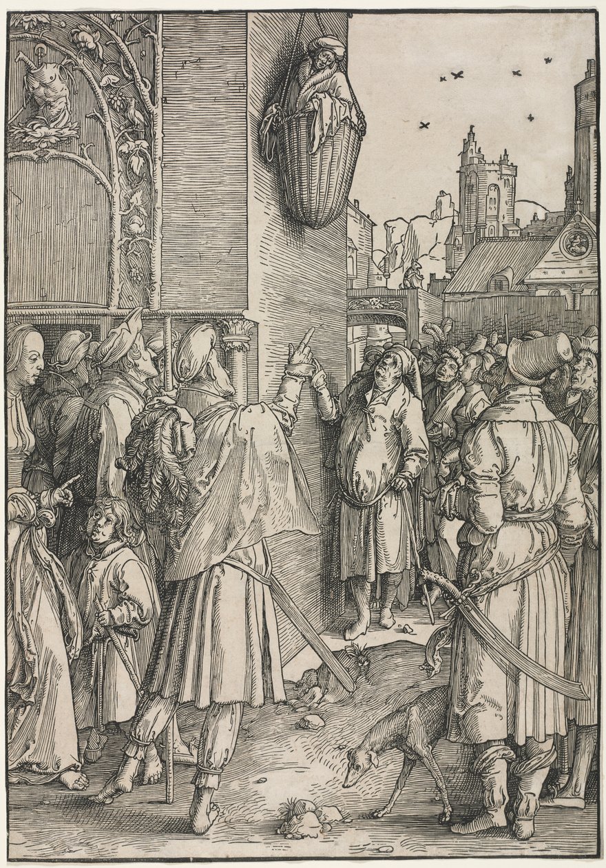 Le Pouvoir des femmes : Le poète Virgile suspendu dans un panier, vers 1512 - Lucas van Leyden