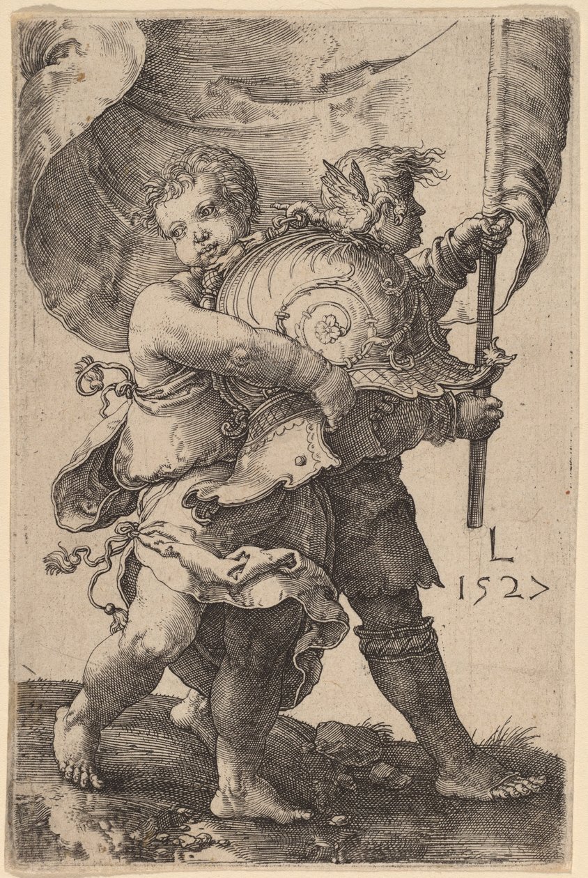 Deux garçons avec un casque et un étendard - Lucas van Leyden