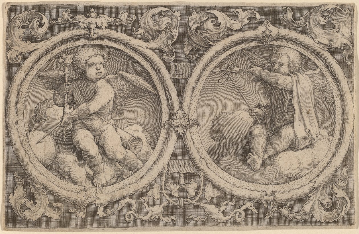 Deux cupidons assis sur des nuages dans deux cercles - Lucas van Leyden