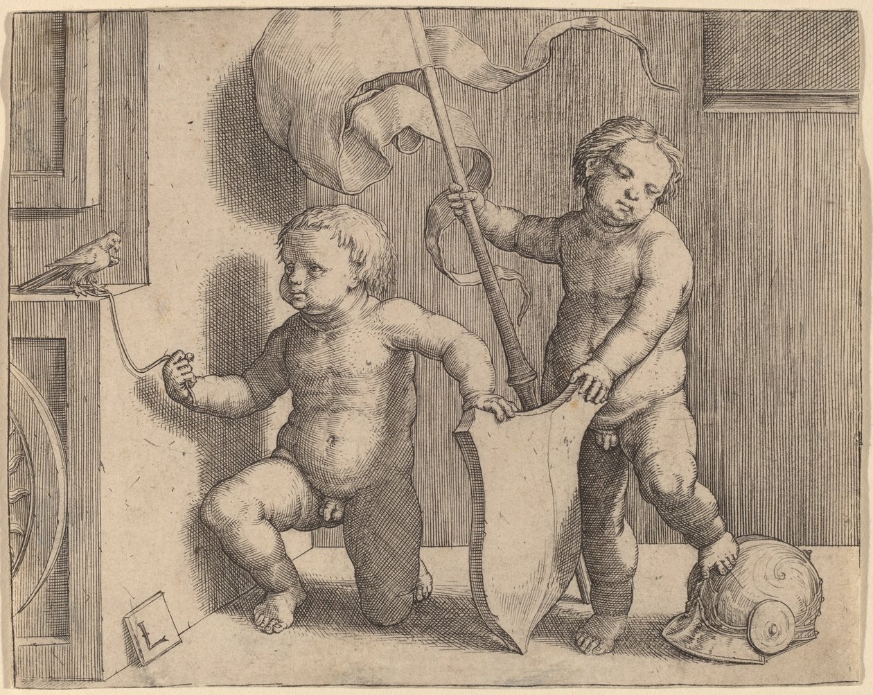 Deux enfants nus soutenant un bouclier vierge - Lucas van Leyden