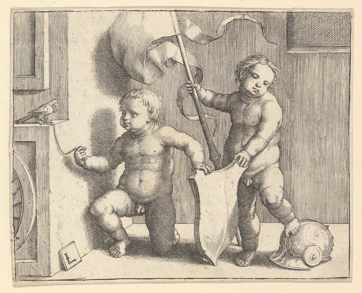 Deux Enfants Nus Soutenant un Écu Vide - Lucas van Leyden