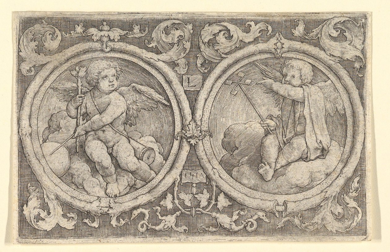 Deux putti assis dans des nuages en cercles avec des vrilles, 1517 - Lucas van Leyden