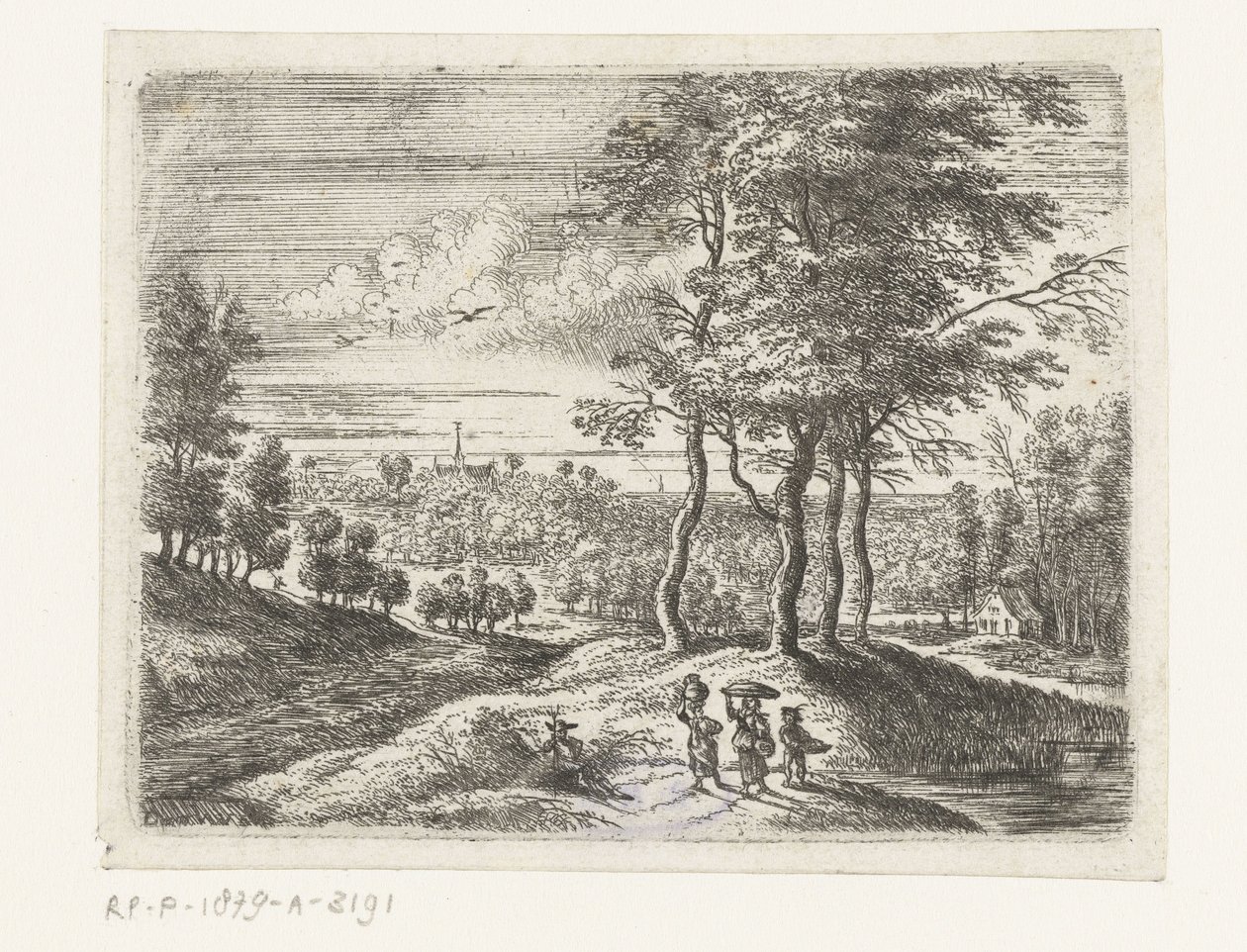 Paysage forestier avec deux femmes et un garçon avec un panier - Lucas van Uden