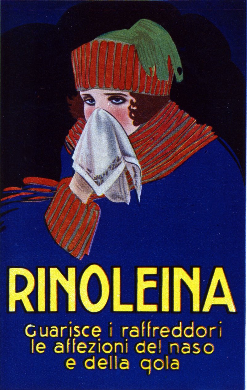 Publicité pour le médicament Rinoleina contre les rhumes, maux de gorge et toux. Illustration de Lucien Achille Mauzan (1883 - 1952). - Luciano Achille Mauzan