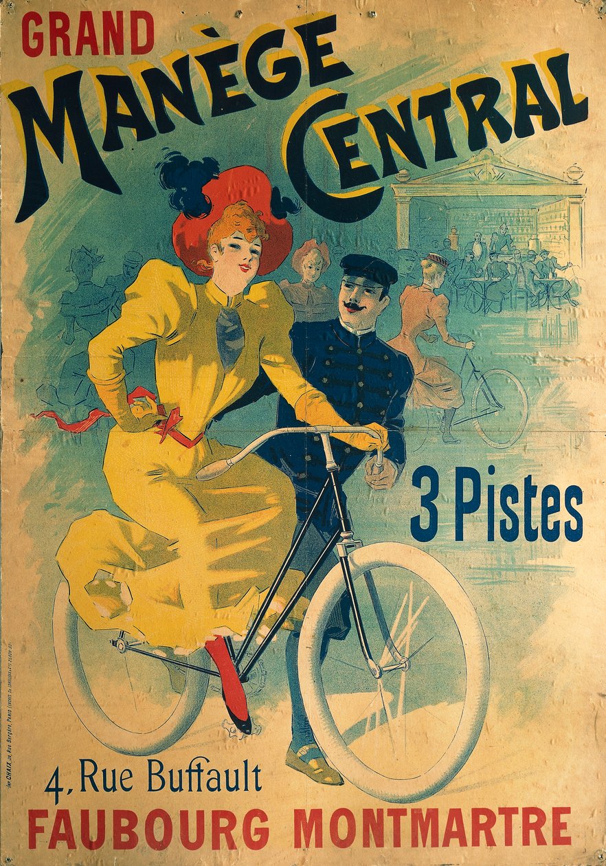 Grand Manège Central, affiche publicitaire pour piste cyclable représentant une femme à vélo - Lucien Baylac