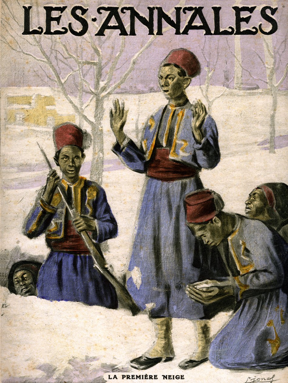 La première neige : un groupe de tirailleurs sénégalais découvre la neige (gravure) - Lucien Hector Jonas