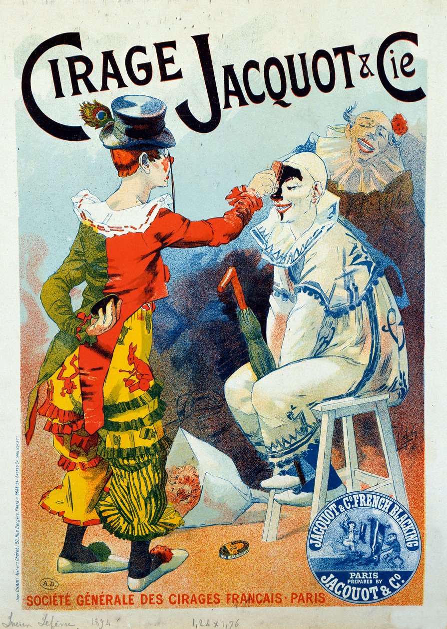 Publicité pour le cirage Jacquot. Deux clowns se maquillant avec du cirage. Dessin de Lucien Lefevre (1850-?). 1894 Paris. Arts Décoratifs - Lucien Lefevre