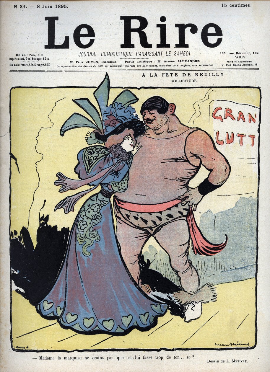 À la fête de Neuilly : soin - une femme élégamment vêtue parle avec un lutteur dessiné par Lucien Marie François Métivet (1863-1930) - le rire du 8 juin - Lucien Metivet