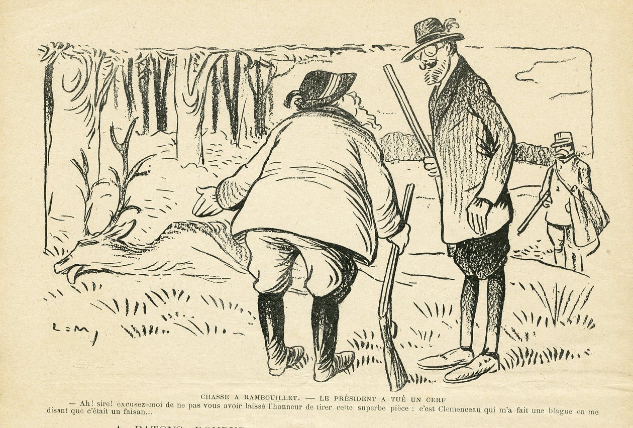 Illustration dans Le Rire, 05/12/08 - Chasse à Rambouillet - Nature Végétation, Chasse chasseur, Président de la République, Rambouillet - Clemenceau Georges, Fallières Armand (1841-1931), Cerf - Lucien Metivet