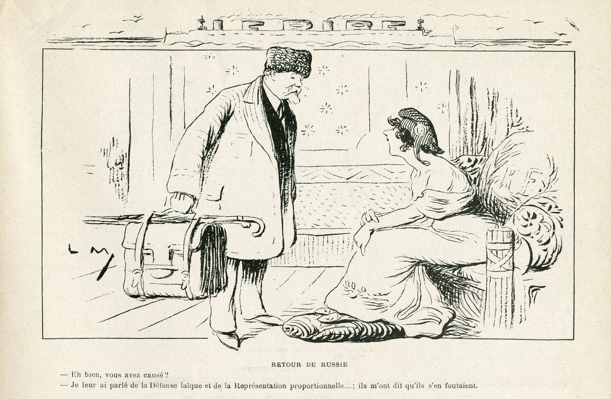 Illustration dans Le Rire, 24/08/12 - Retour de Russie - Anticléricalisme, Russie, Président de la République, Chapeaux, Visite officielle - Marianne, Poincaré Raymond (gravure) - Lucien Metivet