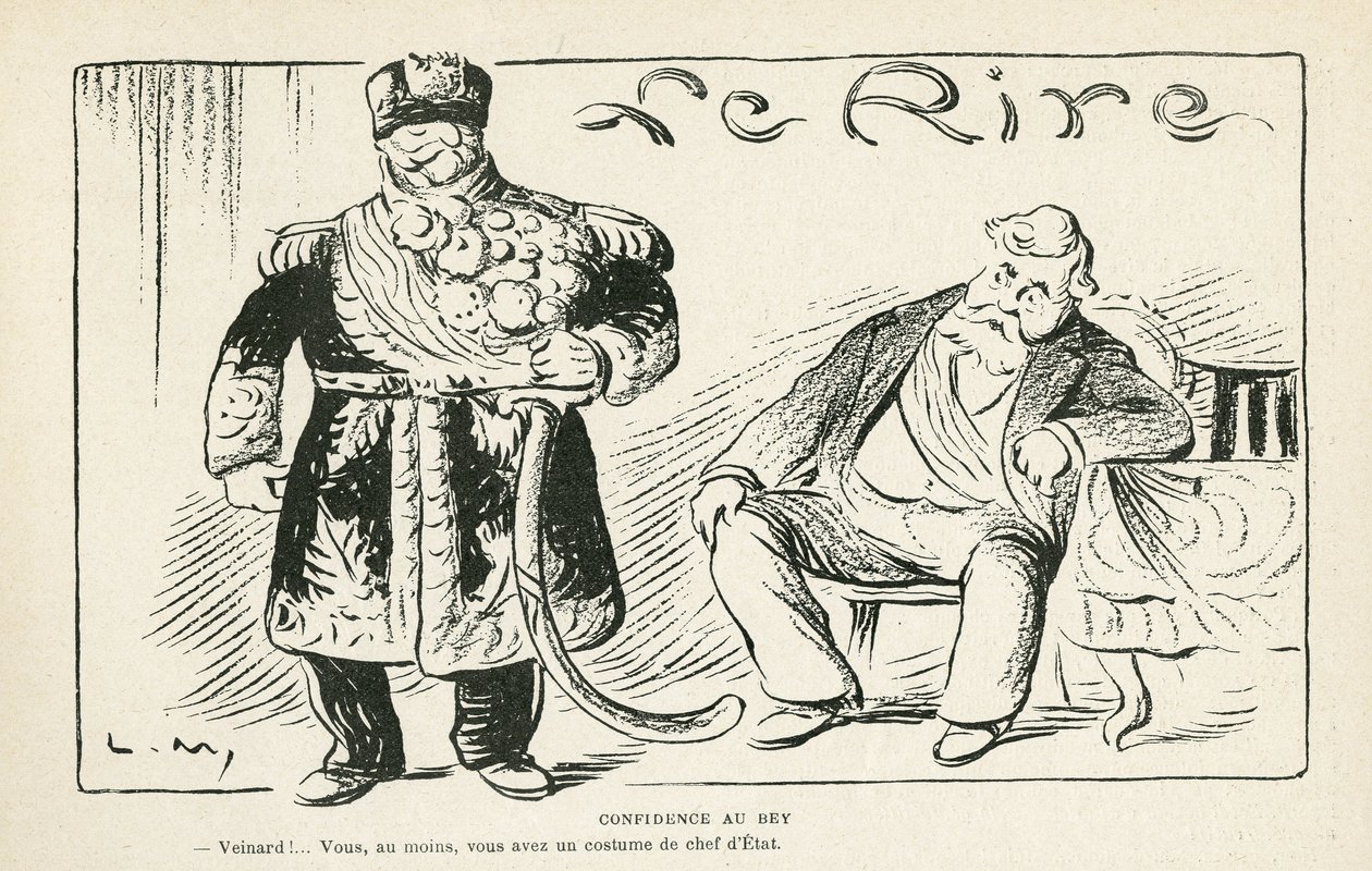Illustration dans Le Rire, 27/07/12 - Confidence au bey - Colonisation - Fallières Armand, Naceur Bey - Lucien Metivet