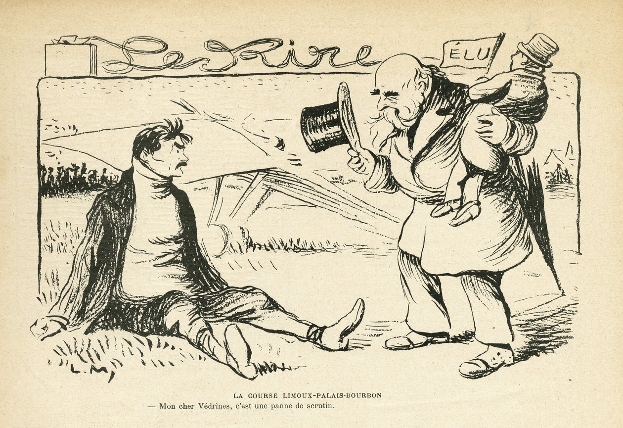 Illustration dans Le Rire, 30/03/12 - La course Limoux-Palais-Bourbon - Élections, Aviation - Védrines Jules (1881-1919) (gravure) - Lucien Metivet